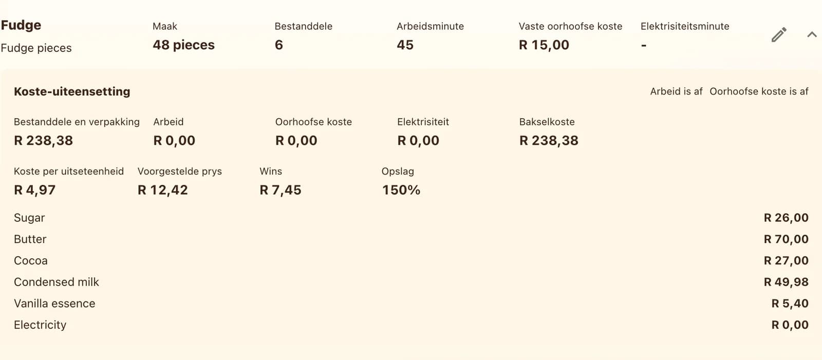 Uitgevoude resepkoste met bestanddele, oorhoofse koste en arbeid in Rand