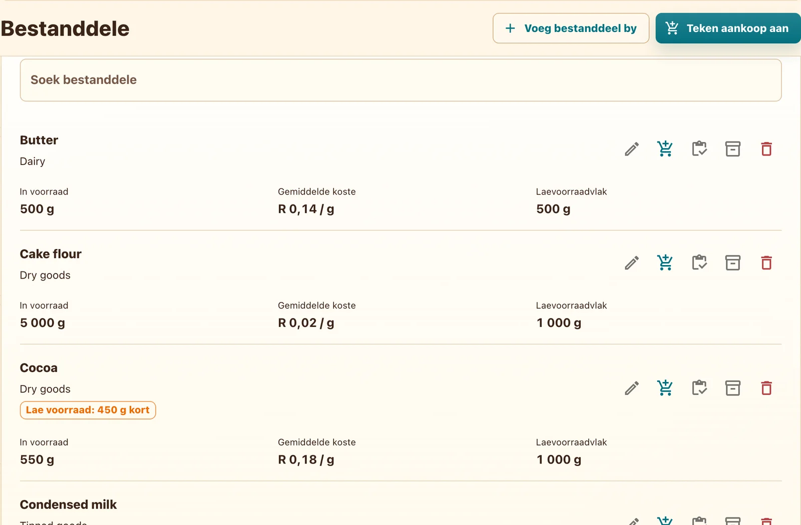 Bestanddeelvoorraad en laevoorraadstatus in Stock And Spoon
