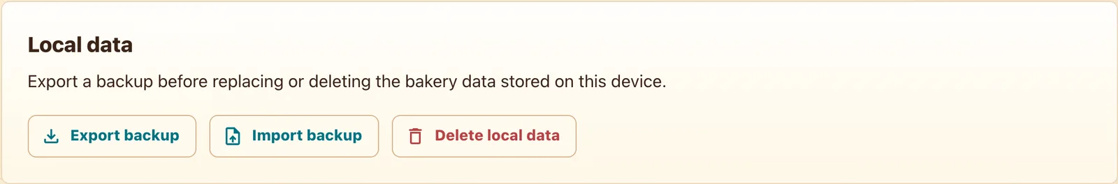 Backup, import and delete bakery-data controls