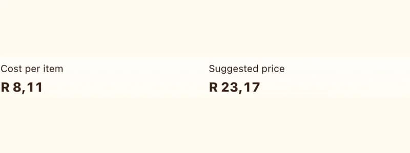 Current recipe cost shown in the Stock And Spoon pricing tool