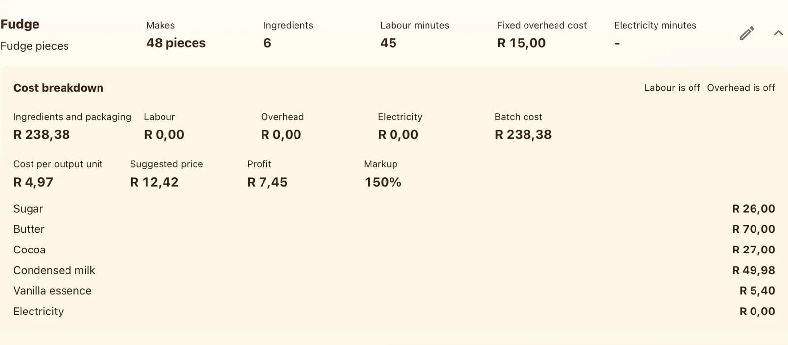 Expanded recipe cost breakdown with ingredients, overhead and labour in Rand