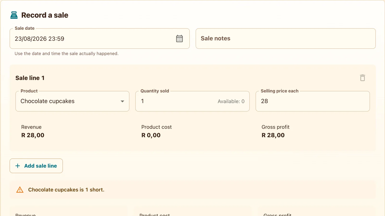 Sale preview with product quantity and total
