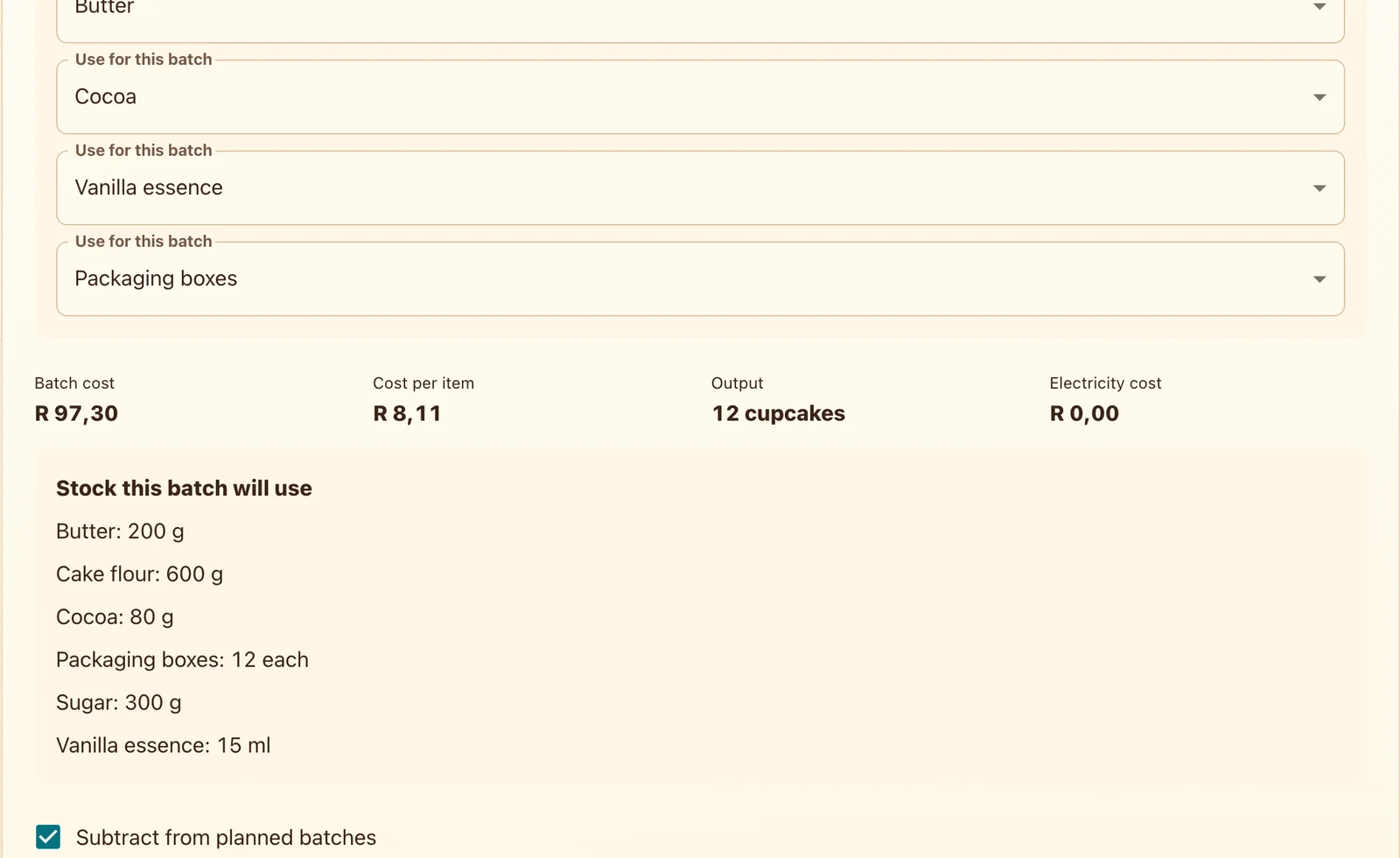 Recorded bakery batch and finished stock result