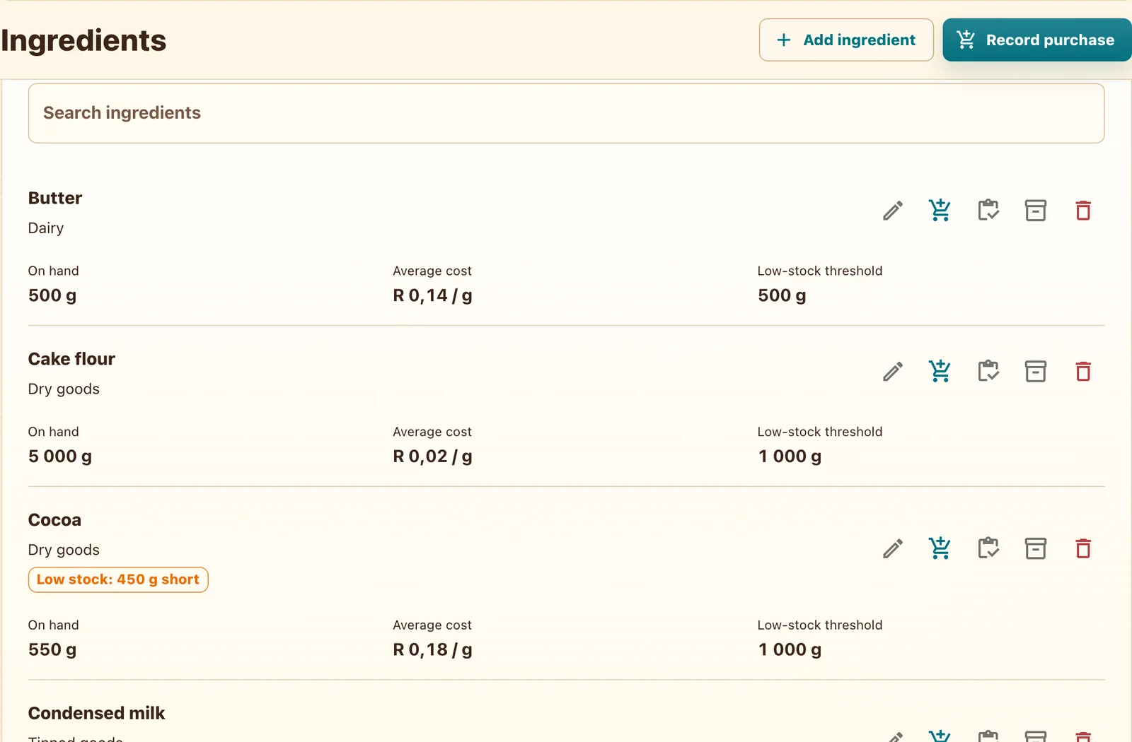 Ingredient stock and low-stock status in Stock And Spoon