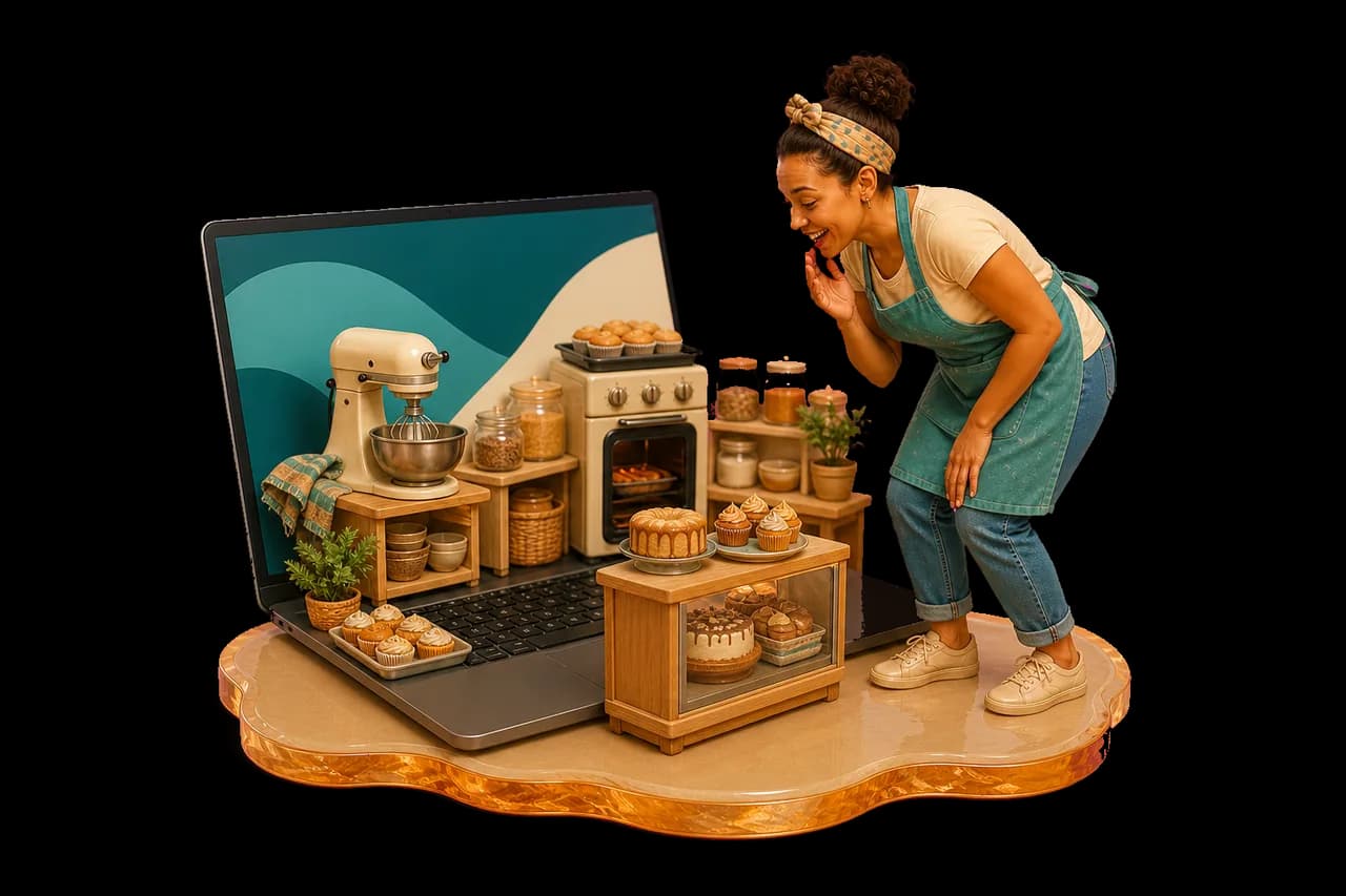 A miniature demo bakery coming alive from a laptop as a baker explores it