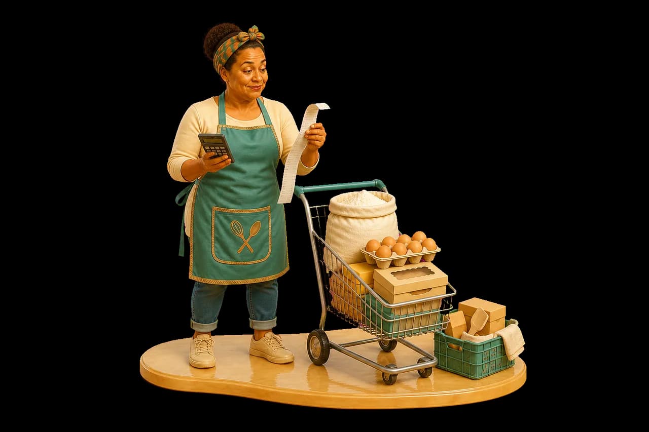 South African baker checking a long grocery receipt beside flour, eggs, butter and bakery packaging