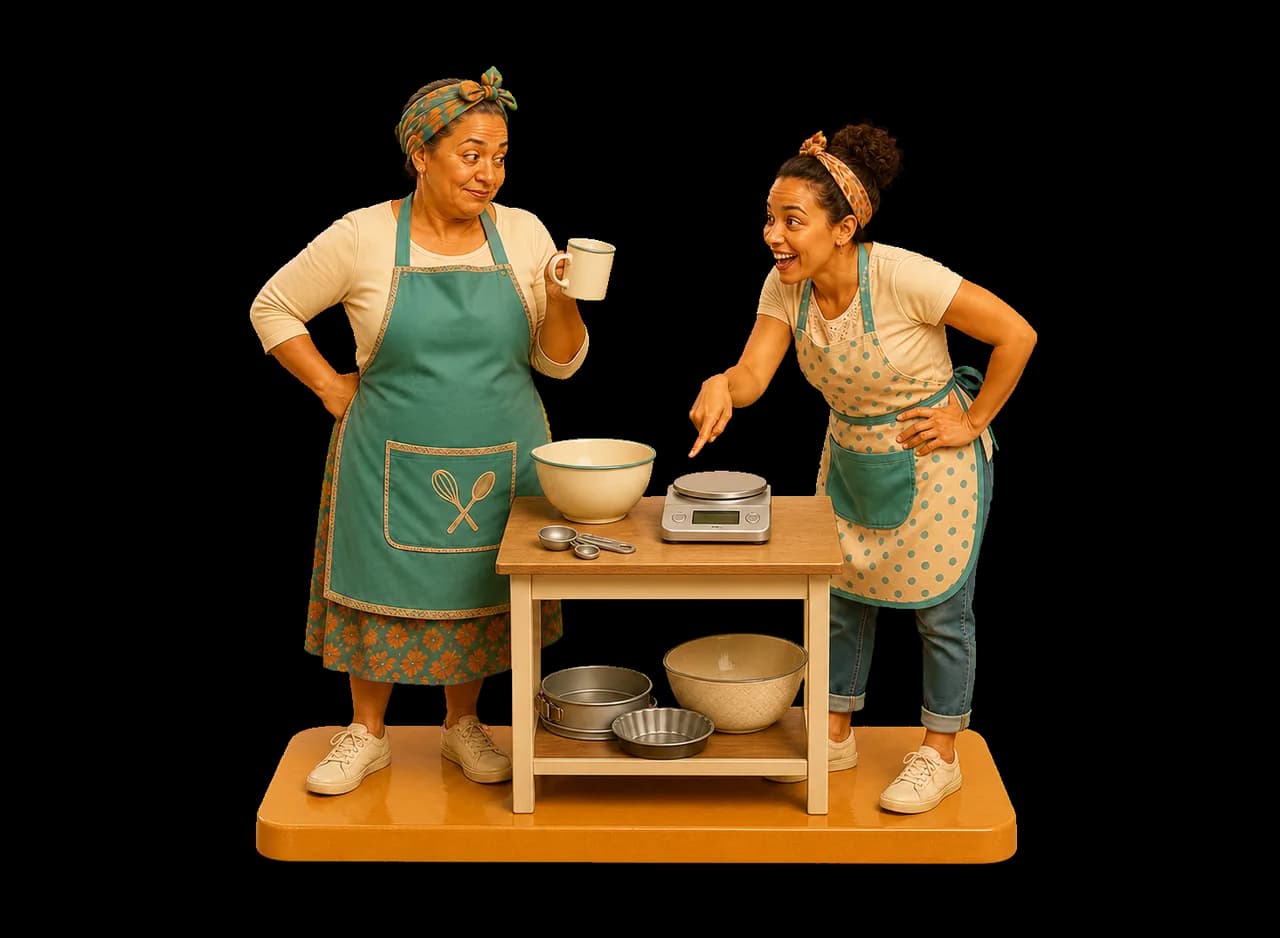 Two generations of bakers comparing a measuring cup with a digital kitchen scale