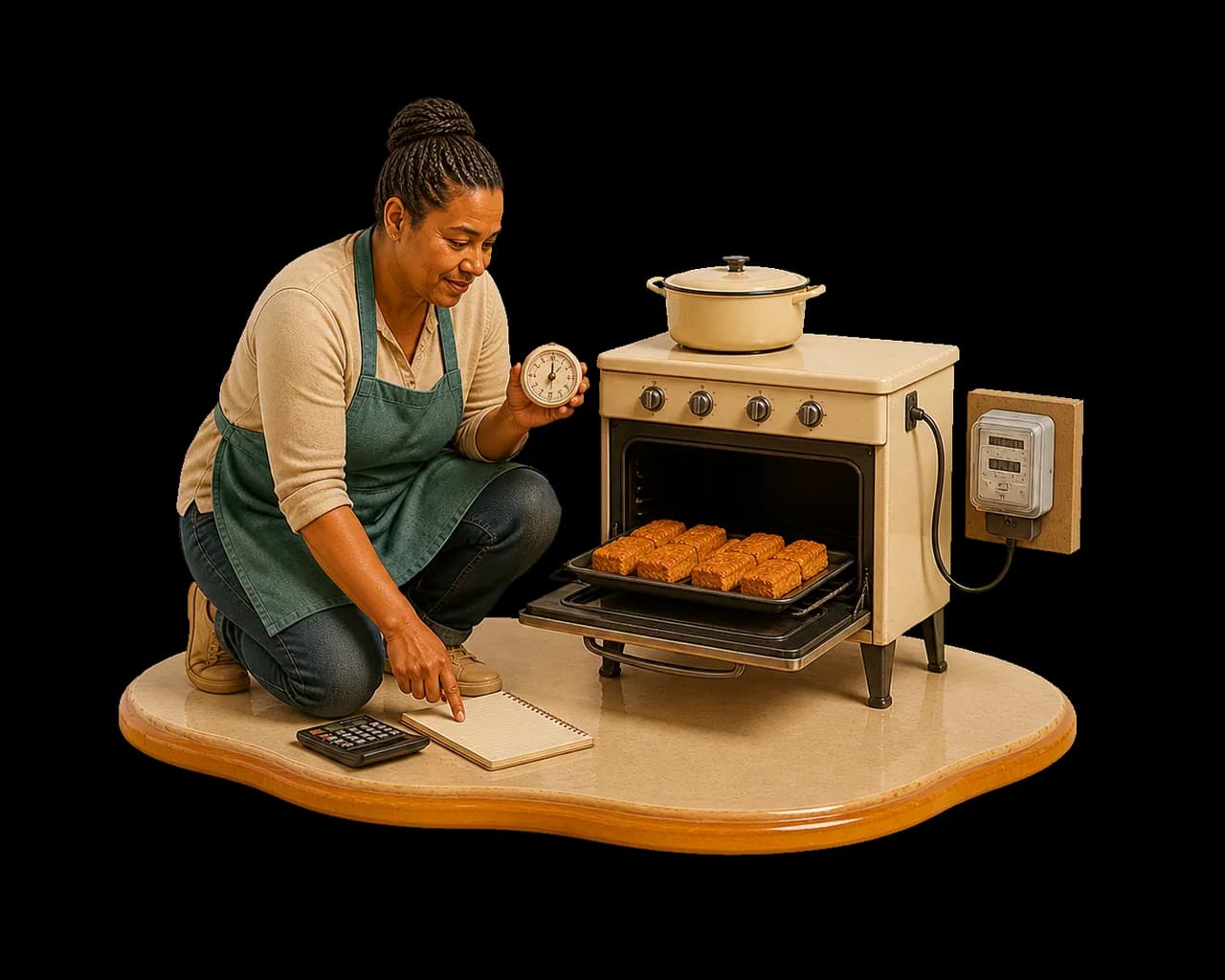 Baker accounting for oven time, electricity and labour beside a working oven