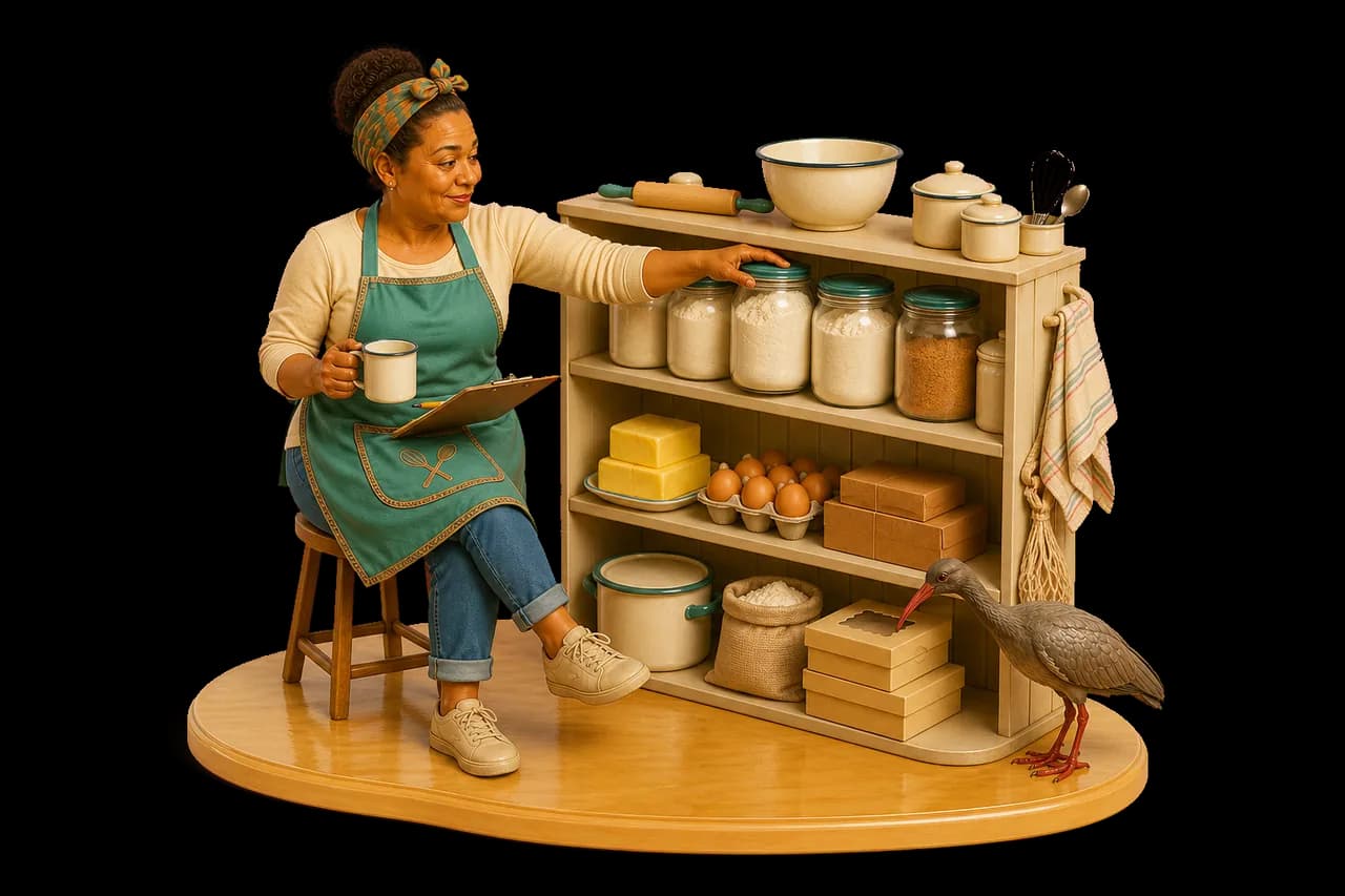 Relaxed baker counting opening stock on warm pantry shelves