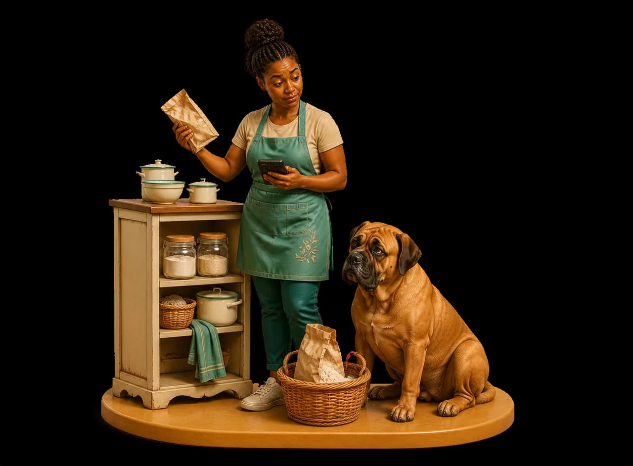 Baker and a watchful boerboel checking a nearly empty flour bag in the pantry