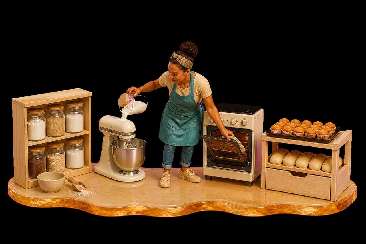 Ingredients moving through a mixer and oven into finished bakery shelf stock