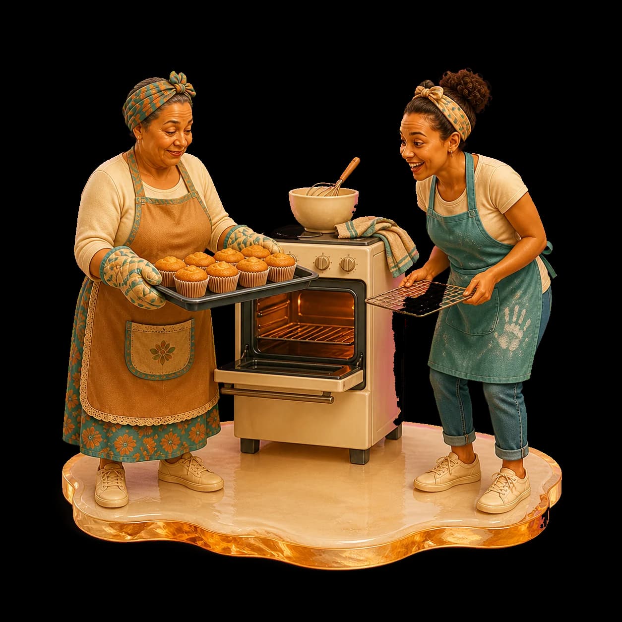 Twee Suid-Afrikaanse bakkers vier ’n perfekte skinkbord kolwyntjies langs ’n warm oond