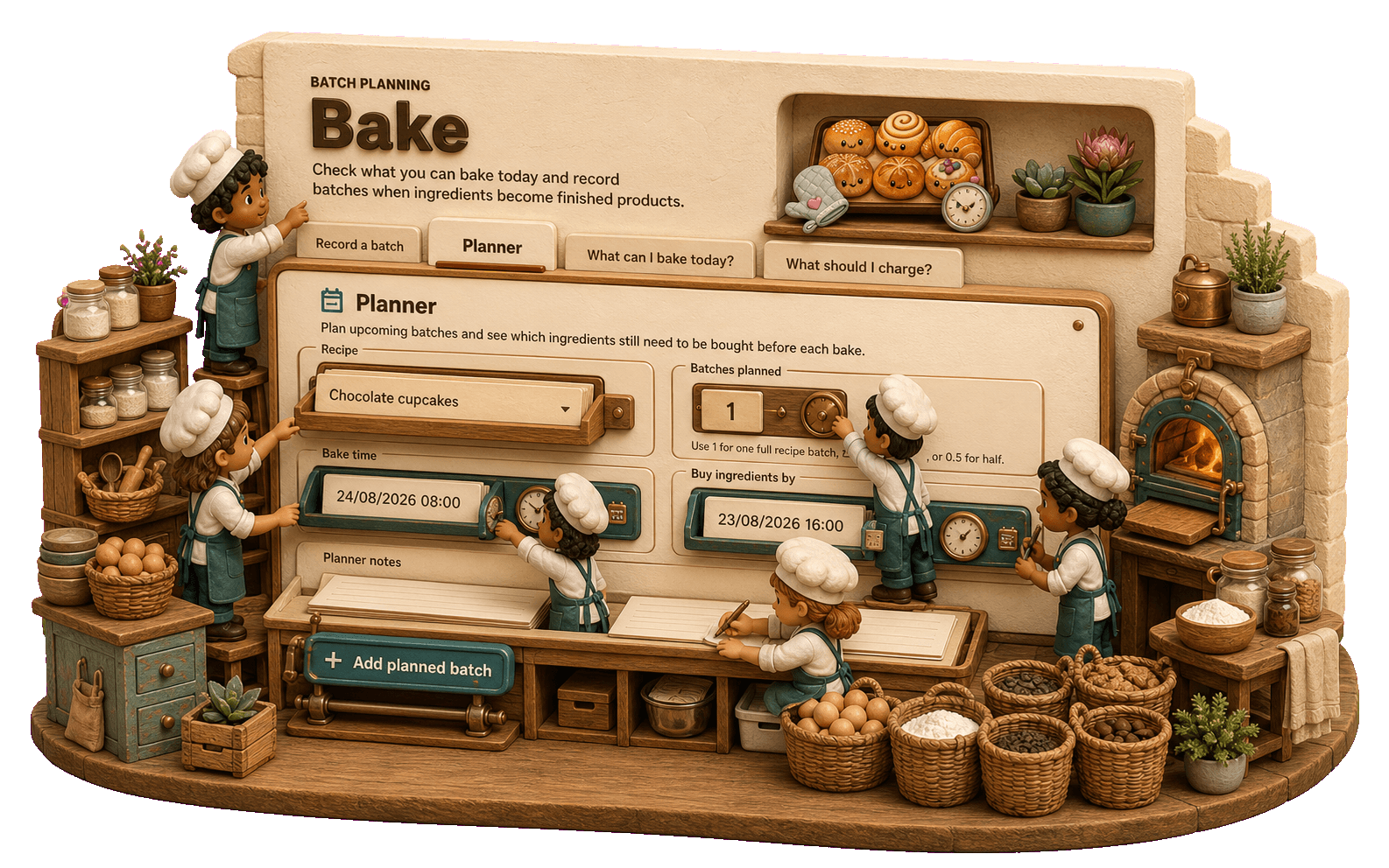 Besige miniatuur bakkerykantoor met beplanningsbord, drukker, voorbereidingstafel en ’n regte beplannerskerm