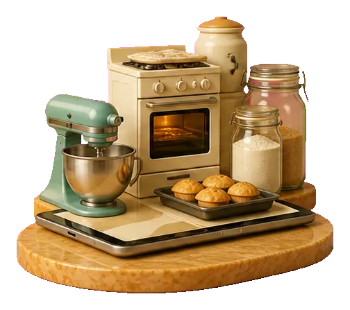Tiny demo bakery kit emerging from a device