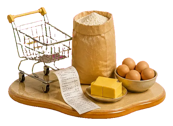 Receipt, ingredient packet and small shopping trolley