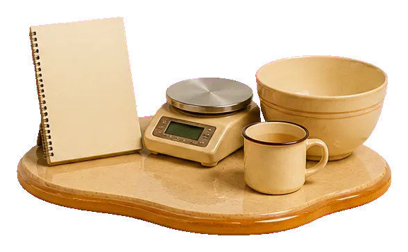 Recipe card, kitchen scale and measuring cup