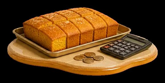 Portioned bake, calculator and South African coins