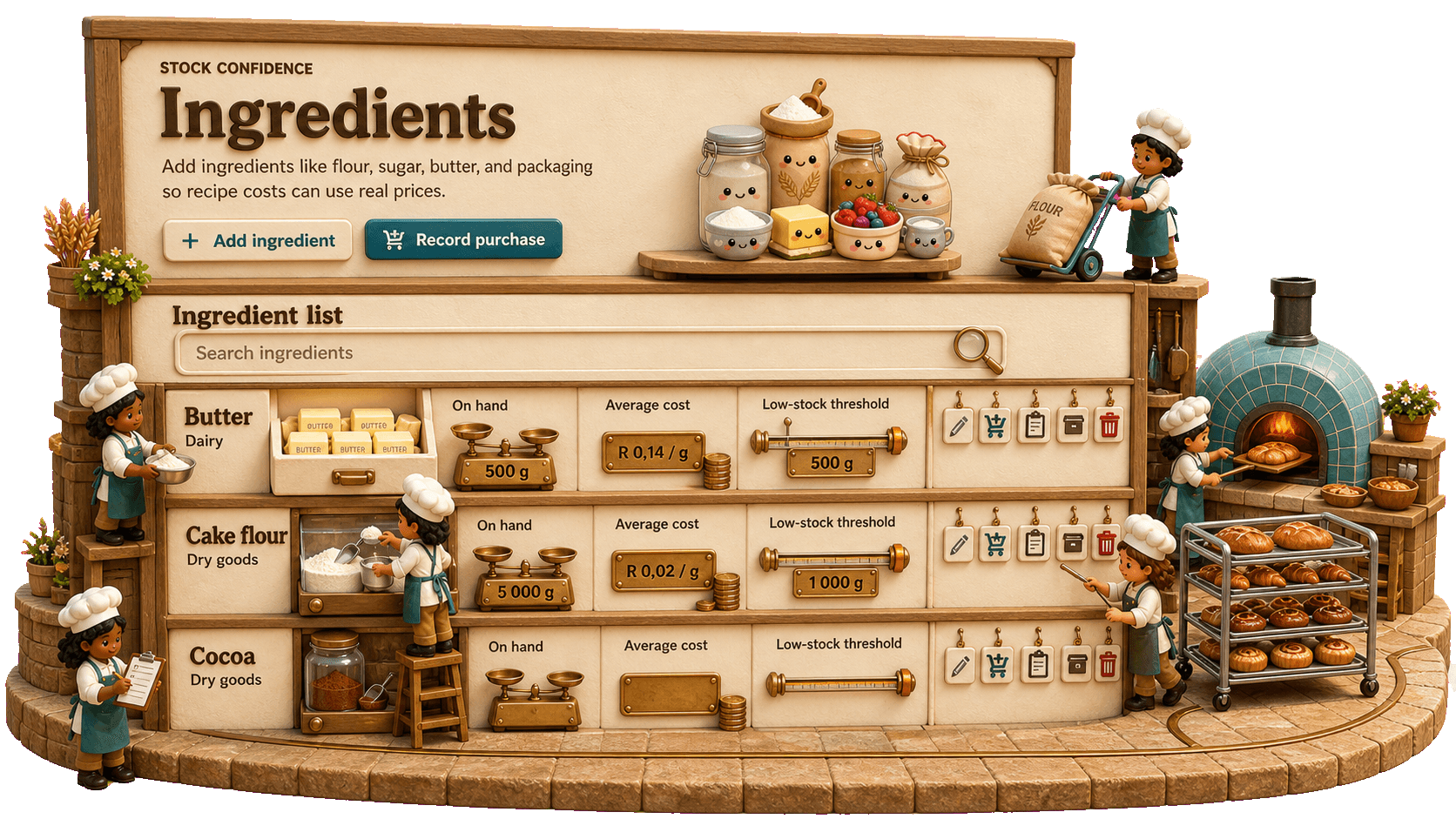 Miniature pantry-to-oven production line with bakers, shelves, mixer, oven and real stock screen